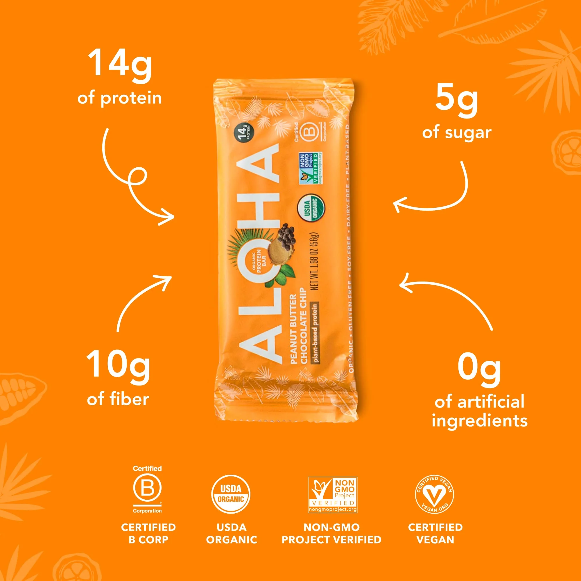 ALOHA Organic Plant Based Protein Bars |Peanut Butter Chocolate Chip | 1.98 Oz (Pack of 12) | Vegan, Low Sugar, Gluten Free, Paleo, Low Carb, Non-GMO, Stevia Free, Soy Free, No Sugar Alcohols - Image 4