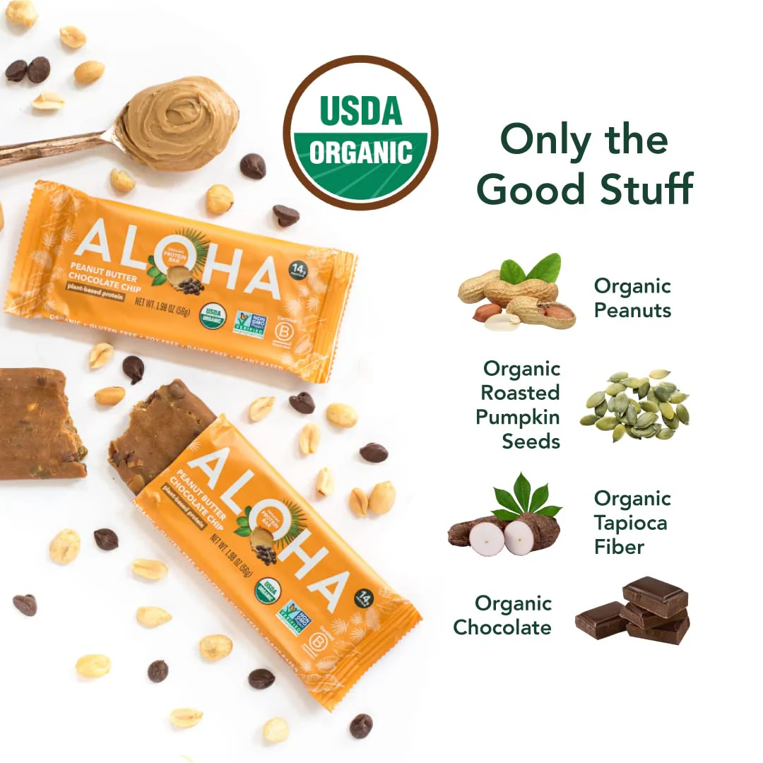 ALOHA Organic Plant Based Protein Bars |Peanut Butter Chocolate Chip | 1.98 Oz (Pack of 12) | Vegan, Low Sugar, Gluten Free, Paleo, Low Carb, Non-GMO, Stevia Free, Soy Free, No Sugar Alcohols - Image 5