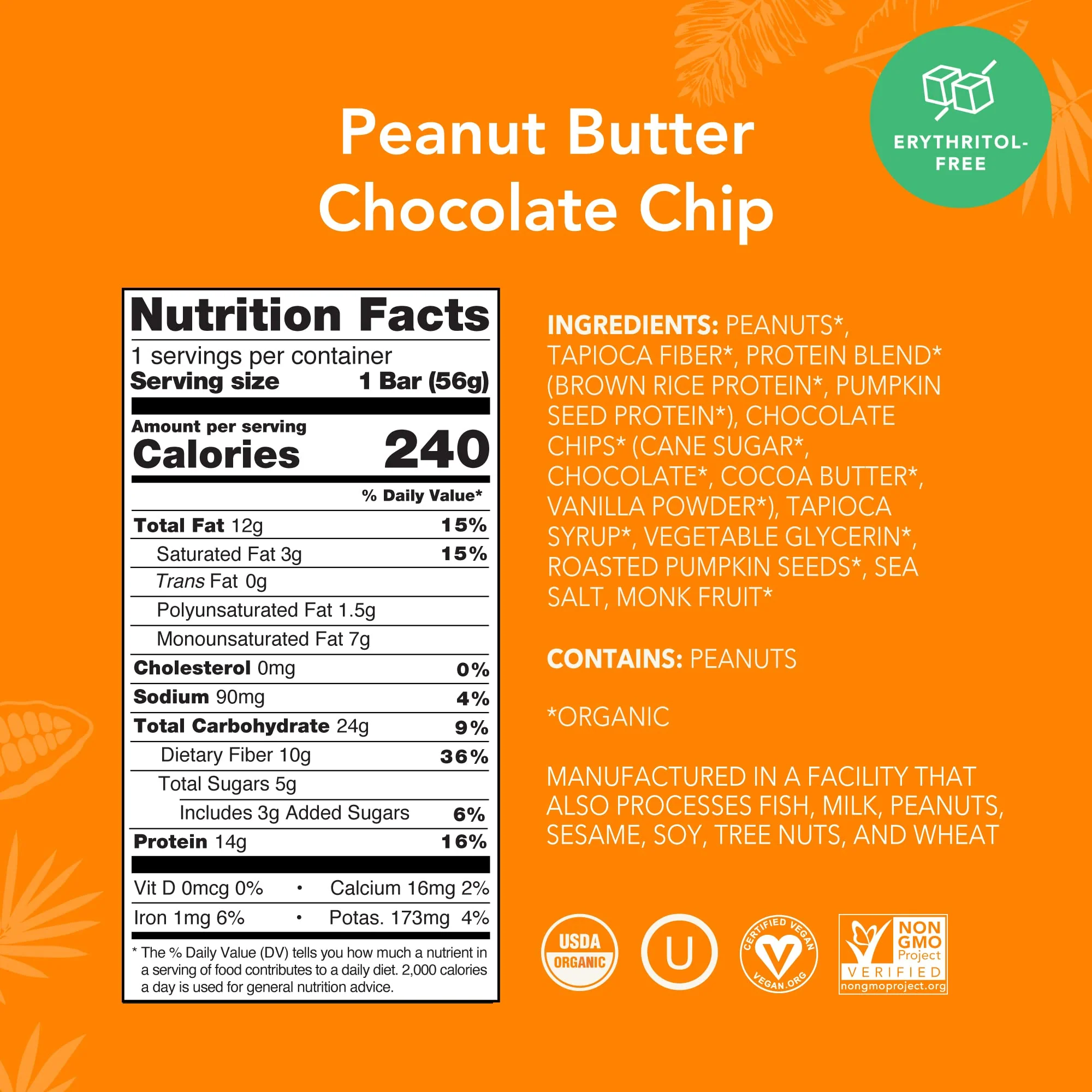 ALOHA Organic Plant Based Protein Bars |Peanut Butter Chocolate Chip | 1.98 Oz (Pack of 12) | Vegan, Low Sugar, Gluten Free, Paleo, Low Carb, Non-GMO, Stevia Free, Soy Free, No Sugar Alcohols - Image 6