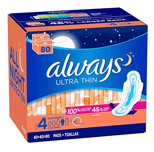 Always Always Ultra Thin Size 4 Overnight Pads with Wings Unscented 80 Ct. - Image 6