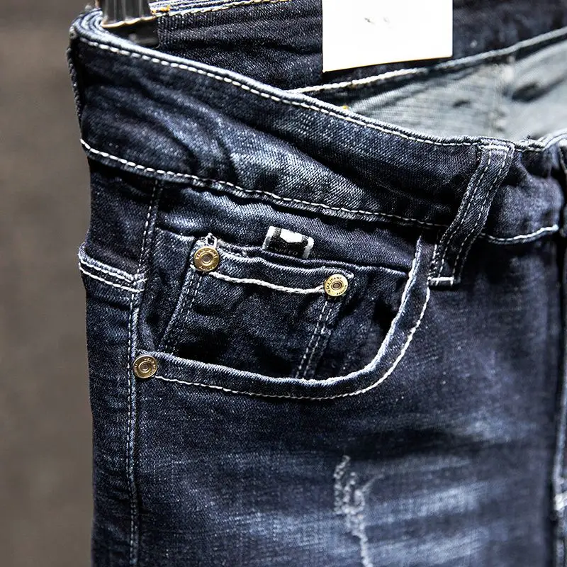 American Elastic Straight Jeans Men Ripped Worn-out Slim-fit Cotton Denim Pants Korean Style Fashion Blue Black Men's Clothing - Image 3