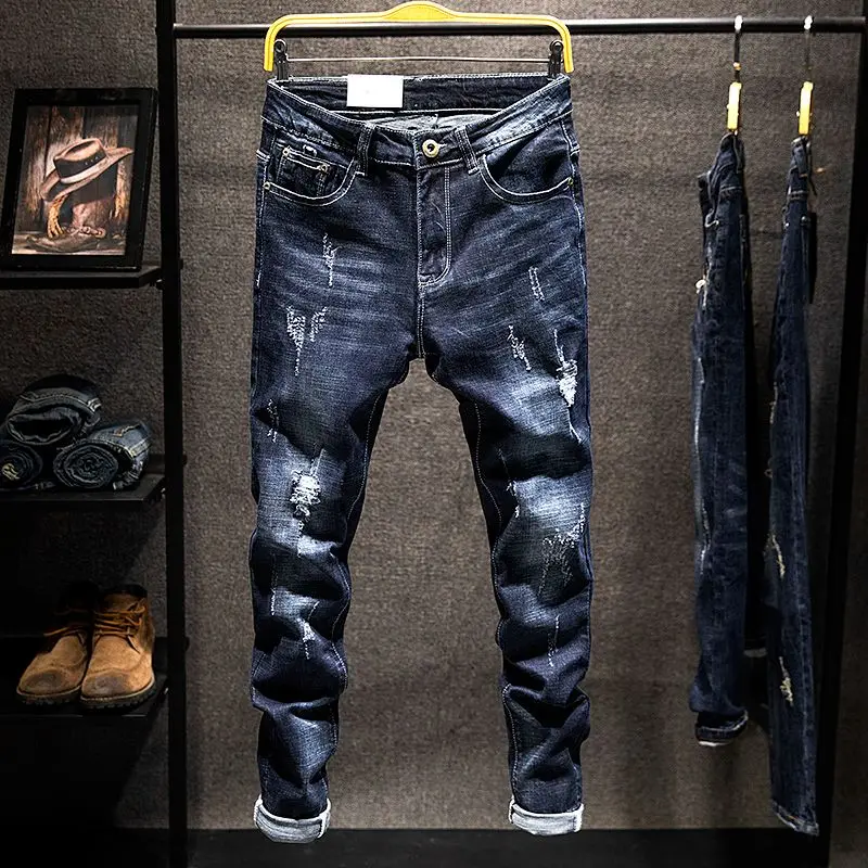 American Elastic Straight Jeans Men Ripped Worn-out Slim-fit Cotton Denim Pants Korean Style Fashion Blue Black Men's Clothing - Image 4