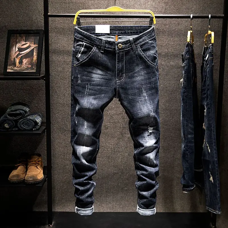 American Elastic Straight Jeans Men Ripped Worn-out Slim-fit Cotton Denim Pants Korean Style Fashion Blue Black Men's Clothing - Image 5