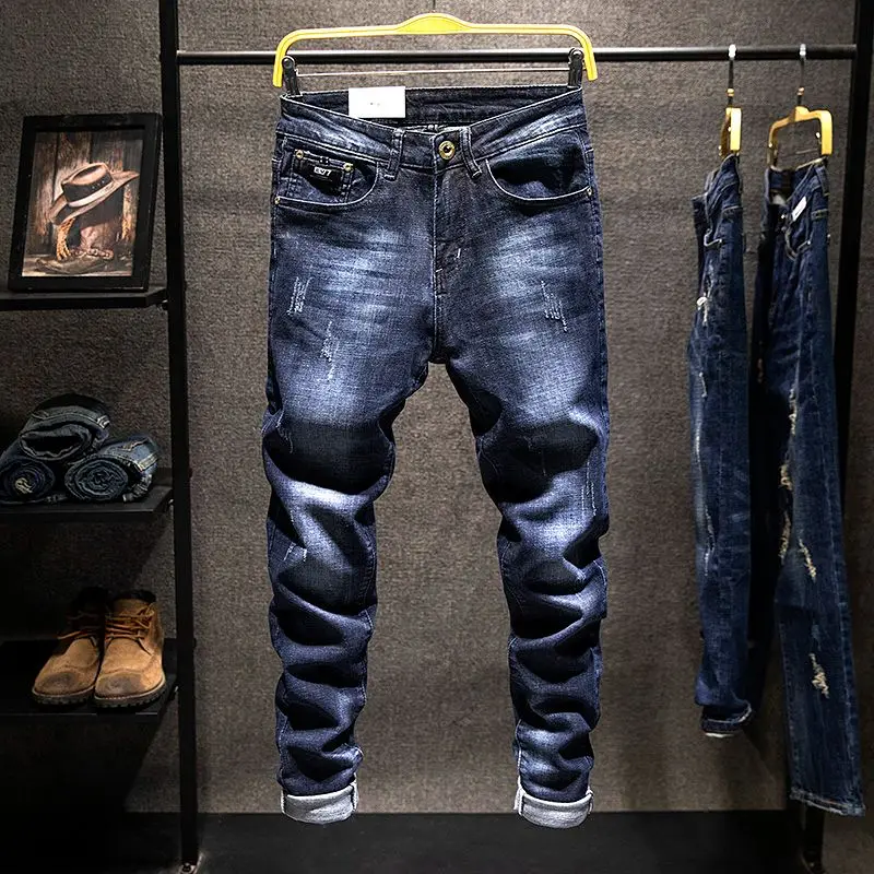 American Elastic Straight Jeans Men Ripped Worn-out Slim-fit Cotton Denim Pants Korean Style Fashion Blue Black Men's Clothing - Image 6