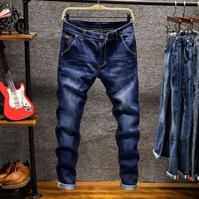 American Elastic Straight Jeans Men Ripped Worn-out Slim-fit Cotton Denim Pants Korean Style Fashion Blue Black Men's Clothing - Image 7