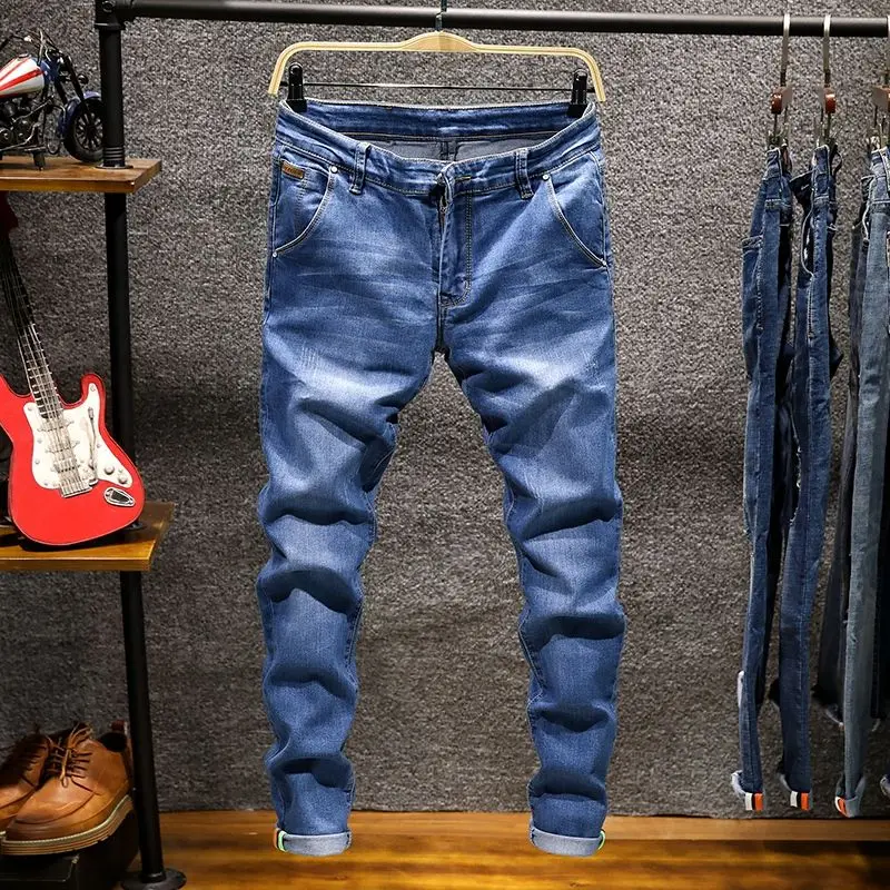 American Elastic Straight Jeans Men Ripped Worn-out Slim-fit Cotton Denim Pants Korean Style Fashion Blue Black Men's Clothing - Image 8