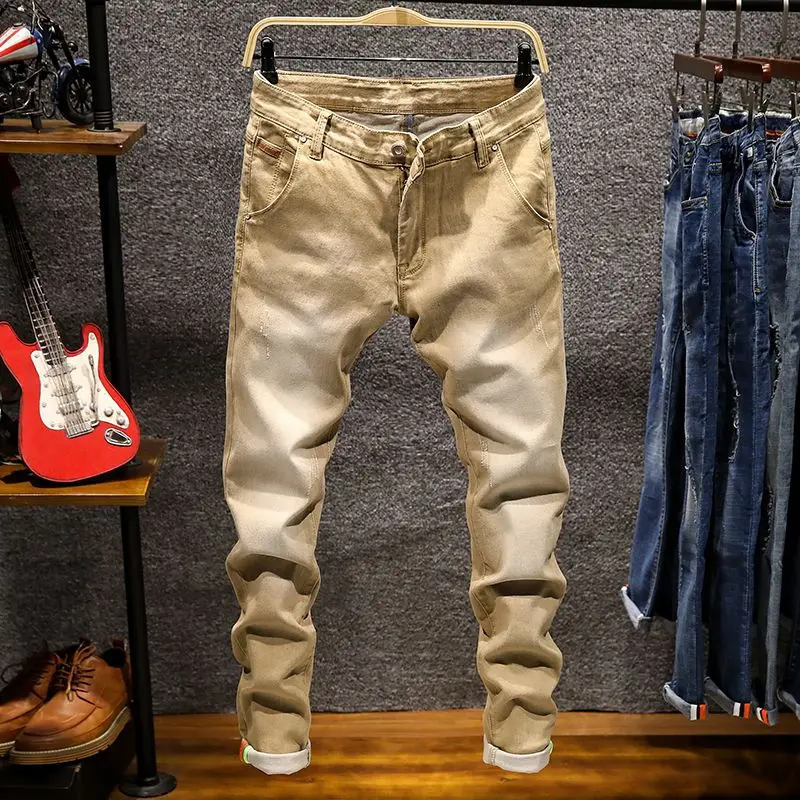 American Elastic Straight Jeans Men Ripped Worn-out Slim-fit Cotton Denim Pants Korean Style Fashion Blue Black Men's Clothing - Image 9