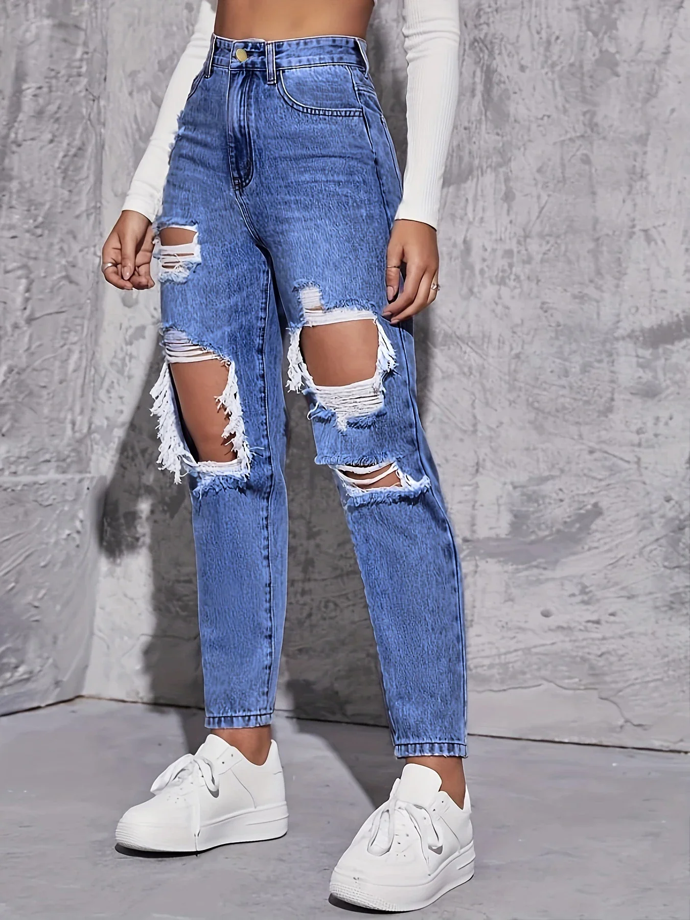 American Retro Hole-punched Jeans Women High Waist Straight-crotch Loose Slim Design High-street Vibe Wide-legged Dragging Pants - Image 11