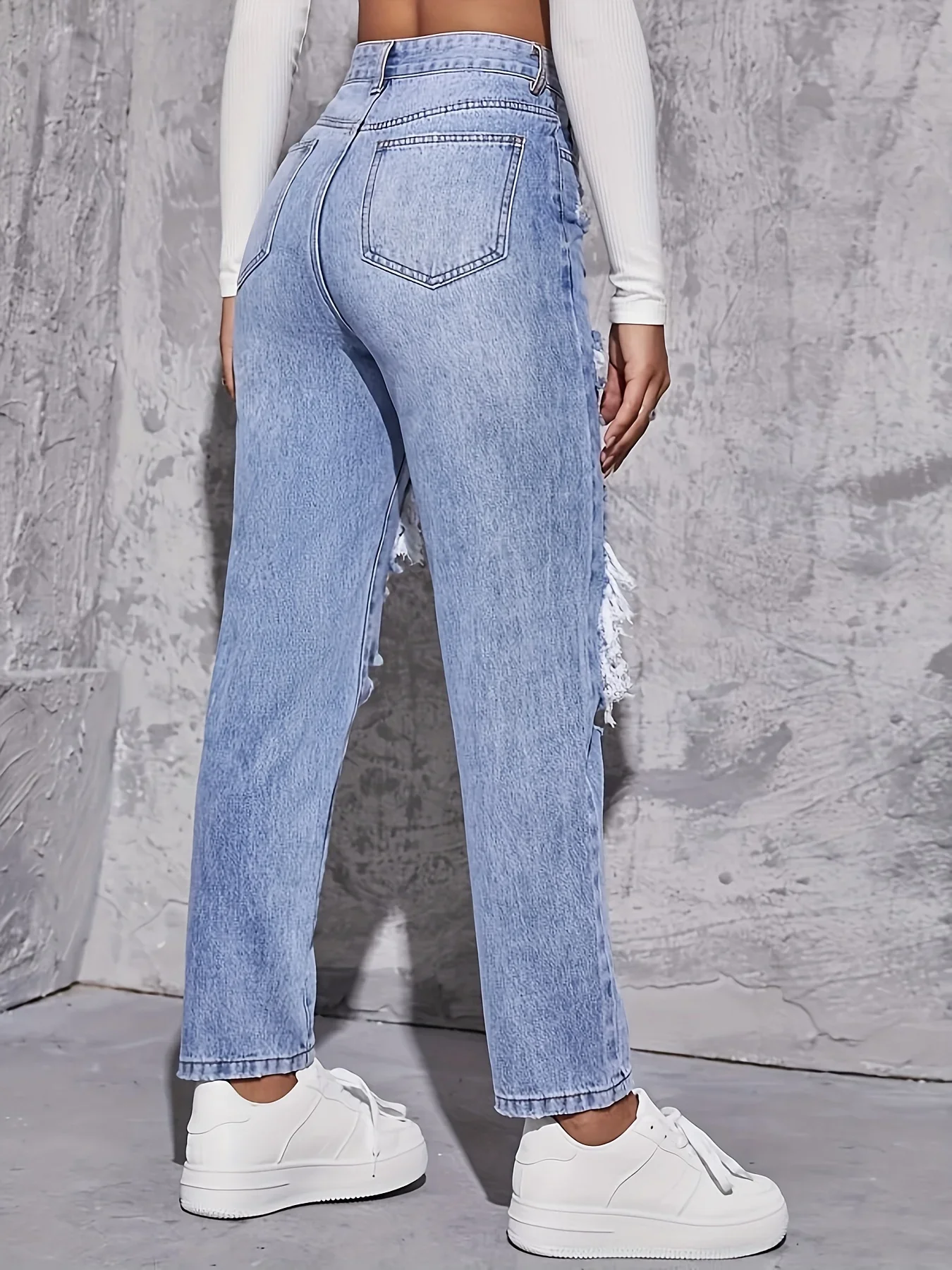 American Retro Hole-punched Jeans Women High Waist Straight-crotch Loose Slim Design High-street Vibe Wide-legged Dragging Pants - Image 2