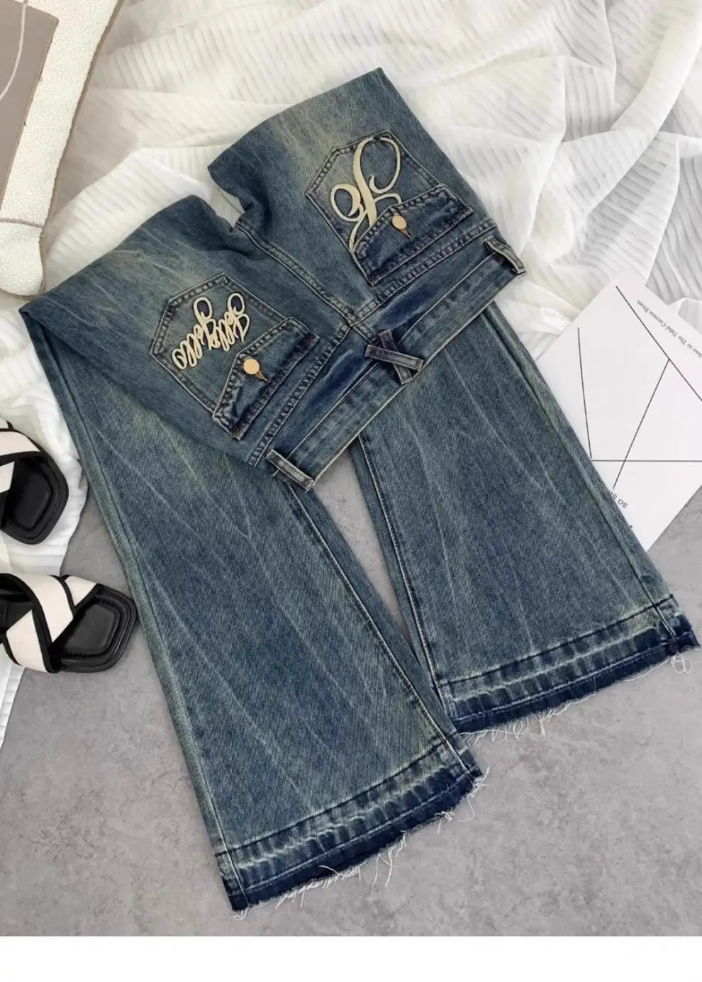 American retro low-waisted jeans female autumn new embroidery old casual fashion temperament slim Joker bell bottoms. - Image 20