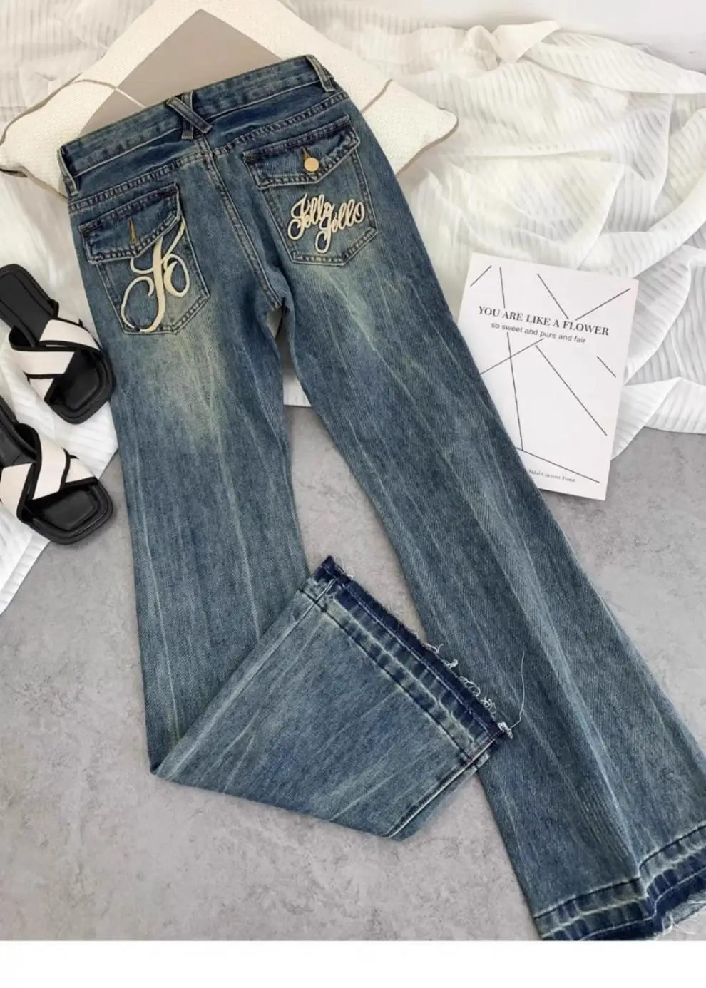 American retro low-waisted jeans female autumn new embroidery old casual fashion temperament slim Joker bell bottoms. - Image 29
