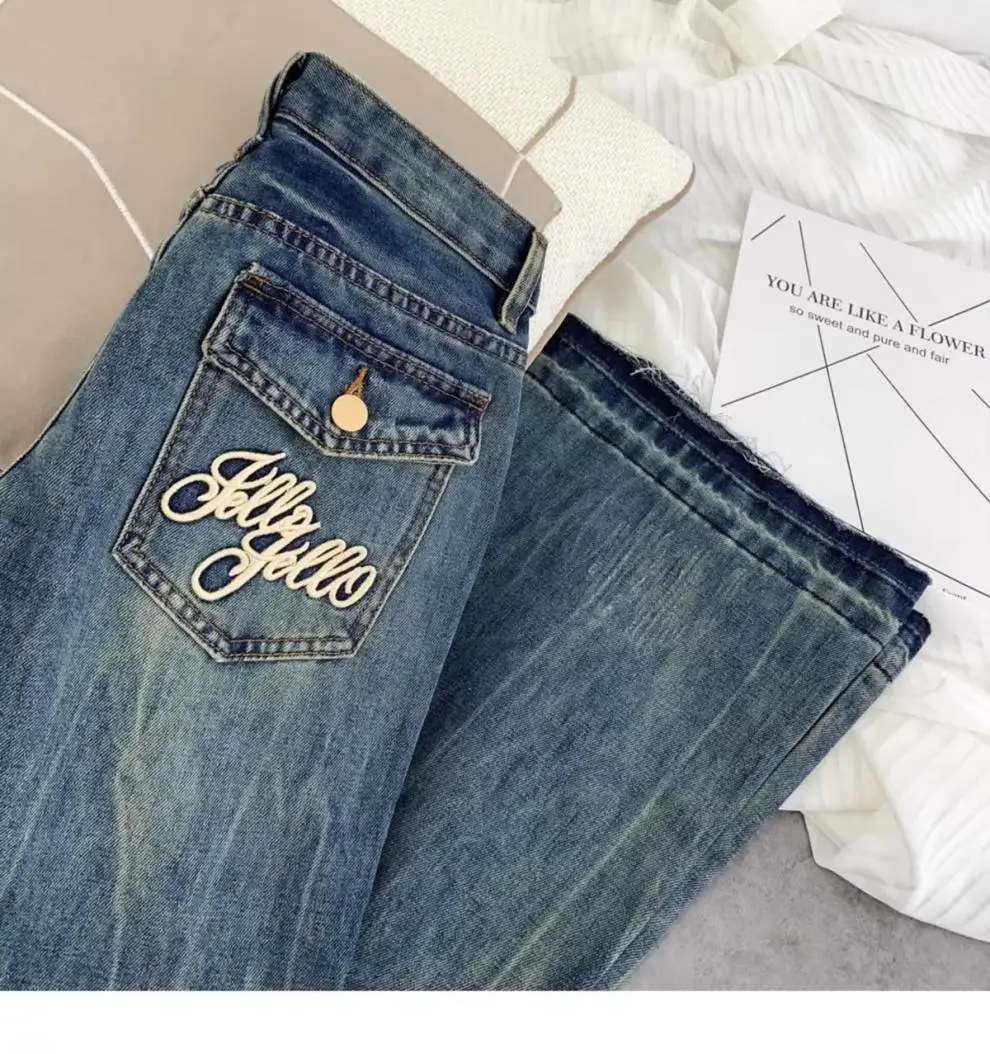 American retro low-waisted jeans female autumn new embroidery old casual fashion temperament slim Joker bell bottoms. - Image 30