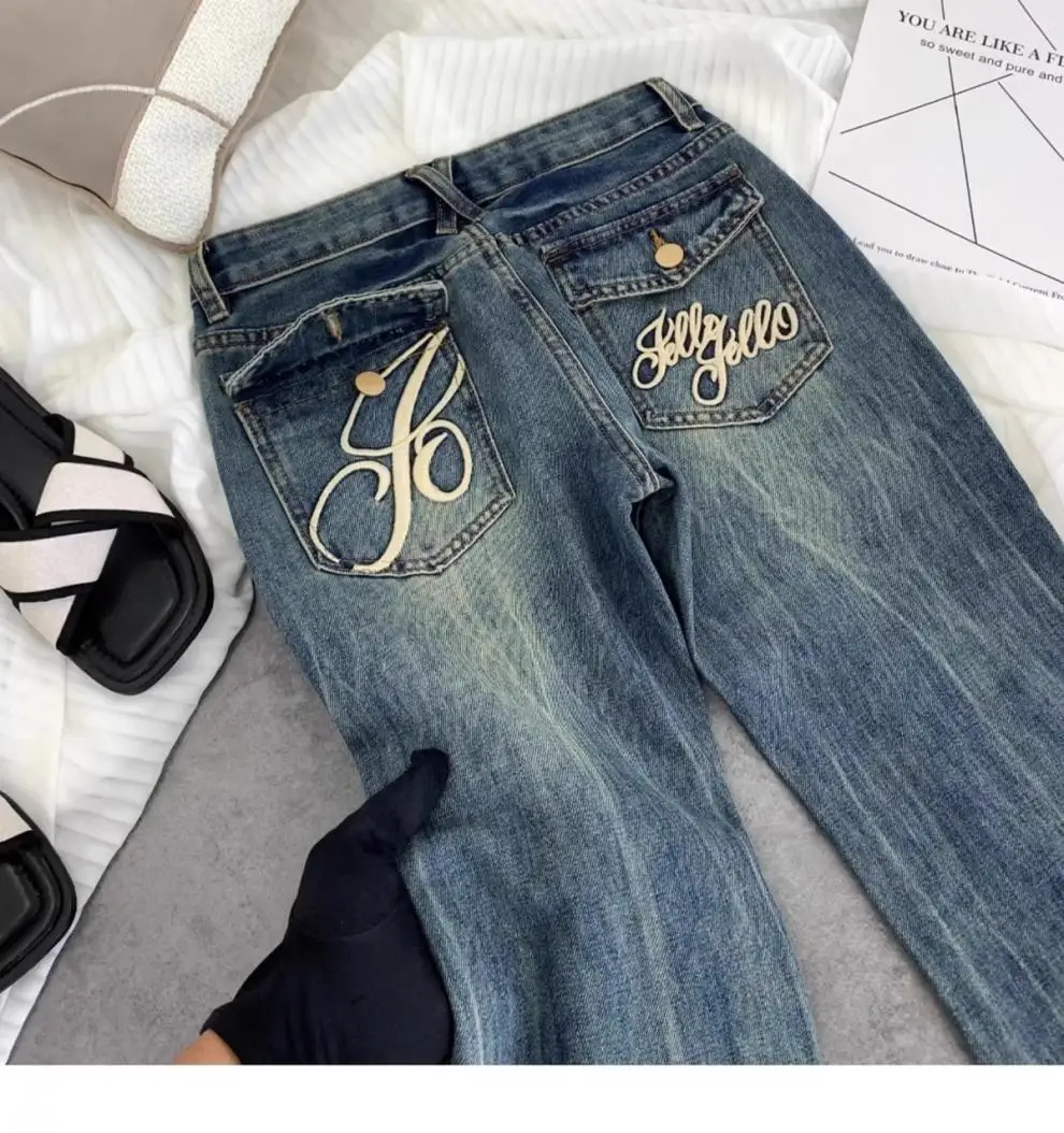 American retro low-waisted jeans female autumn new embroidery old casual fashion temperament slim Joker bell bottoms. - Image 32