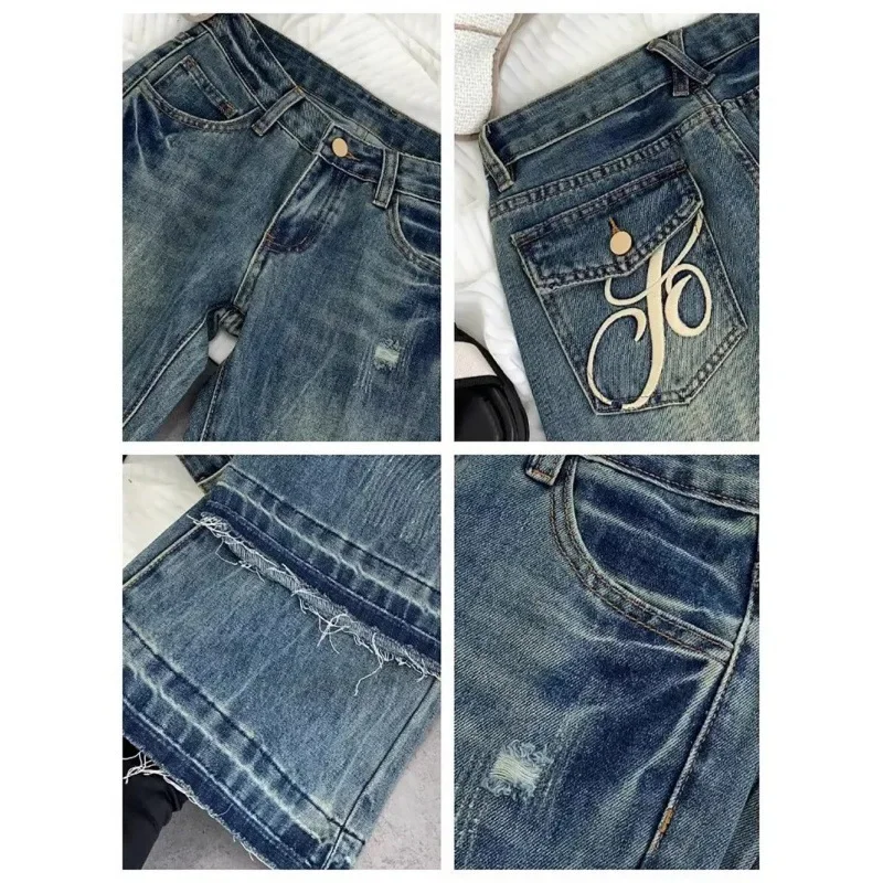 American retro low-waisted jeans female autumn new embroidery old casual fashion temperament slim Joker bell bottoms. - Image 5