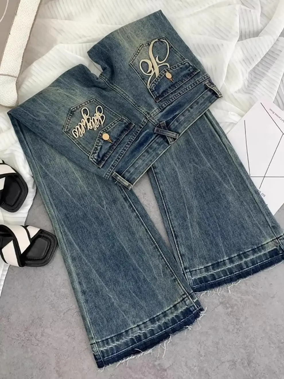 American retro low-waisted jeans female autumn new embroidery old casual fashion temperament slim Joker bell bottoms. - Image 8
