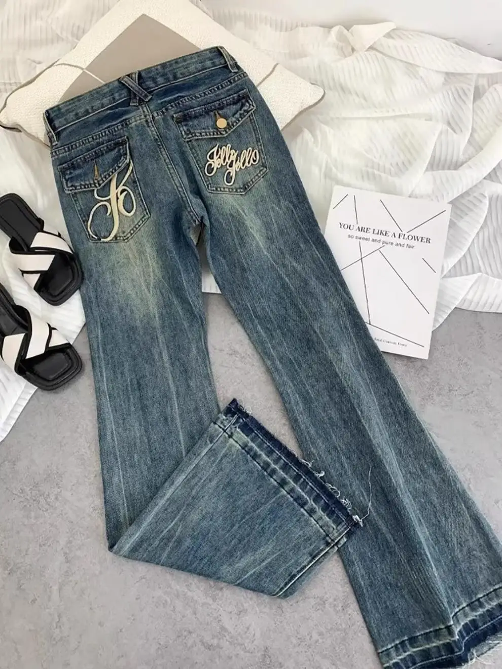 American retro low-waisted jeans female autumn new embroidery old casual fashion temperament slim Joker bell bottoms. - Image 9