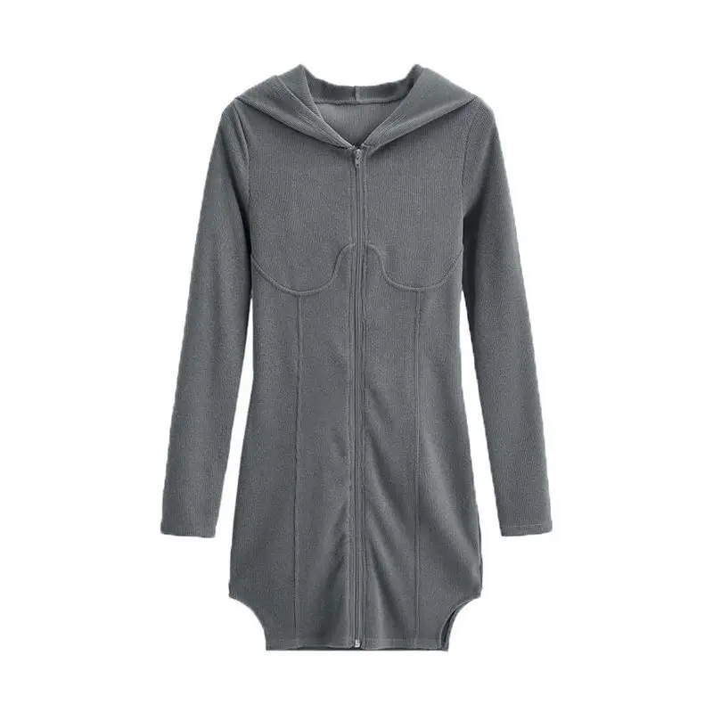 American Spicy Girl Slim Fit Dress Female Long Sleeved Small Height Tight Hooded Dresses Split Wrapped Hip Short Bottom Skirts - Image 6