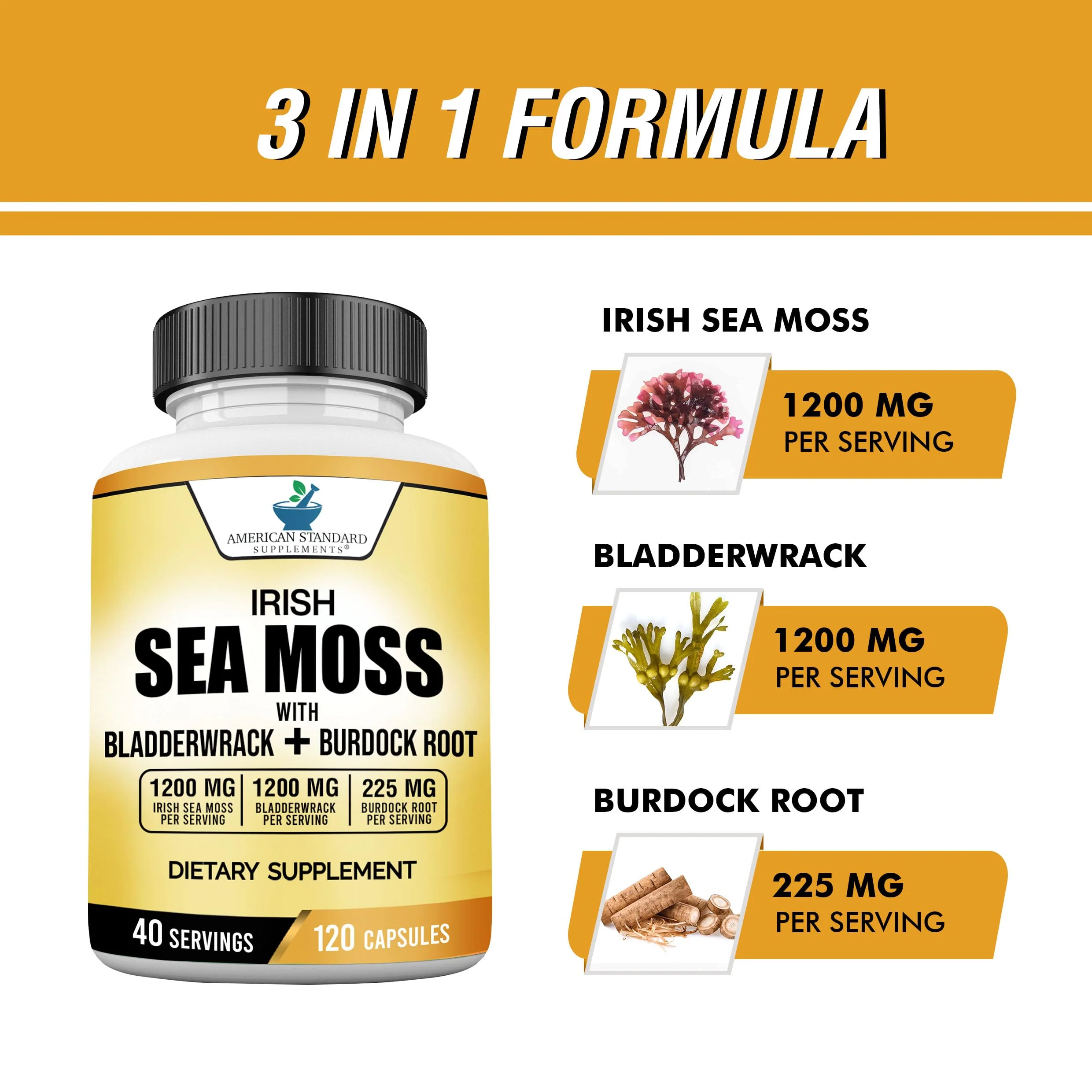 American Standard Supplements Irish Sea Moss 1200mg, Bladderwrack 1200mg and Burdock Root 225mg Per Serving - Vegan, Gluten Free, Non-GMO, 120 Capsules, 40 Servings - Image 3