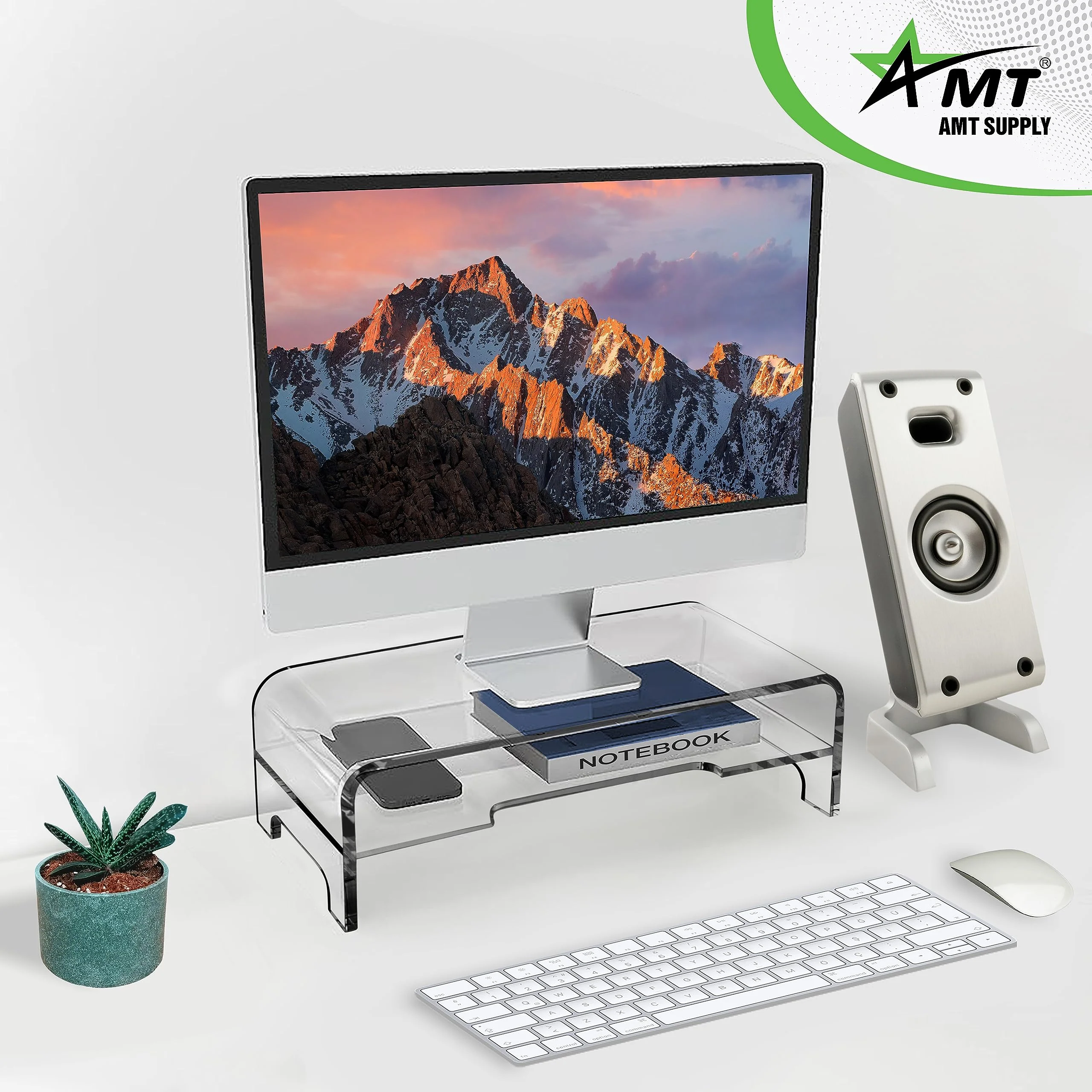 AMT 2 Tier 5.5 Inch High AMT Clear Acrylic Monitor Stand Riser Clear Computer with Cat Keyboard Protector, Space-Saving Design, Extra Storage, Clear Shelf - Ideal for Monitors, Laptops, Printers, - Image 3
