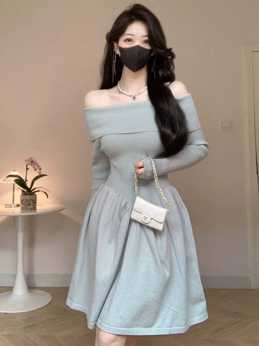Amy's Shop Foreign Trade Quality Knitted Autumn and Winter Slim fit off-Shoulder off-Shoulder Sexy Knit sweater A- line Skirt Short dress Women
