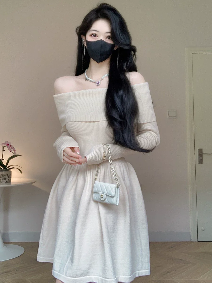 Amy's Shop Foreign Trade Quality Knitted Autumn and Winter Slim fit off-Shoulder off-Shoulder Sexy Knit sweater A- line Skirt Short dress Women - Image 5