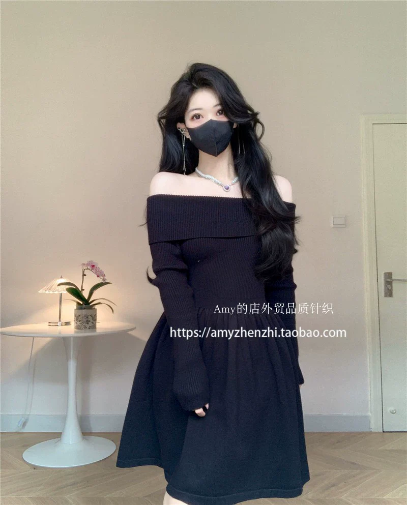 Amy's Shop Foreign Trade Quality Knitted Autumn and Winter Slim fit off-Shoulder off-Shoulder Sexy Knit sweater A- line Skirt Short dress Women - Image 6