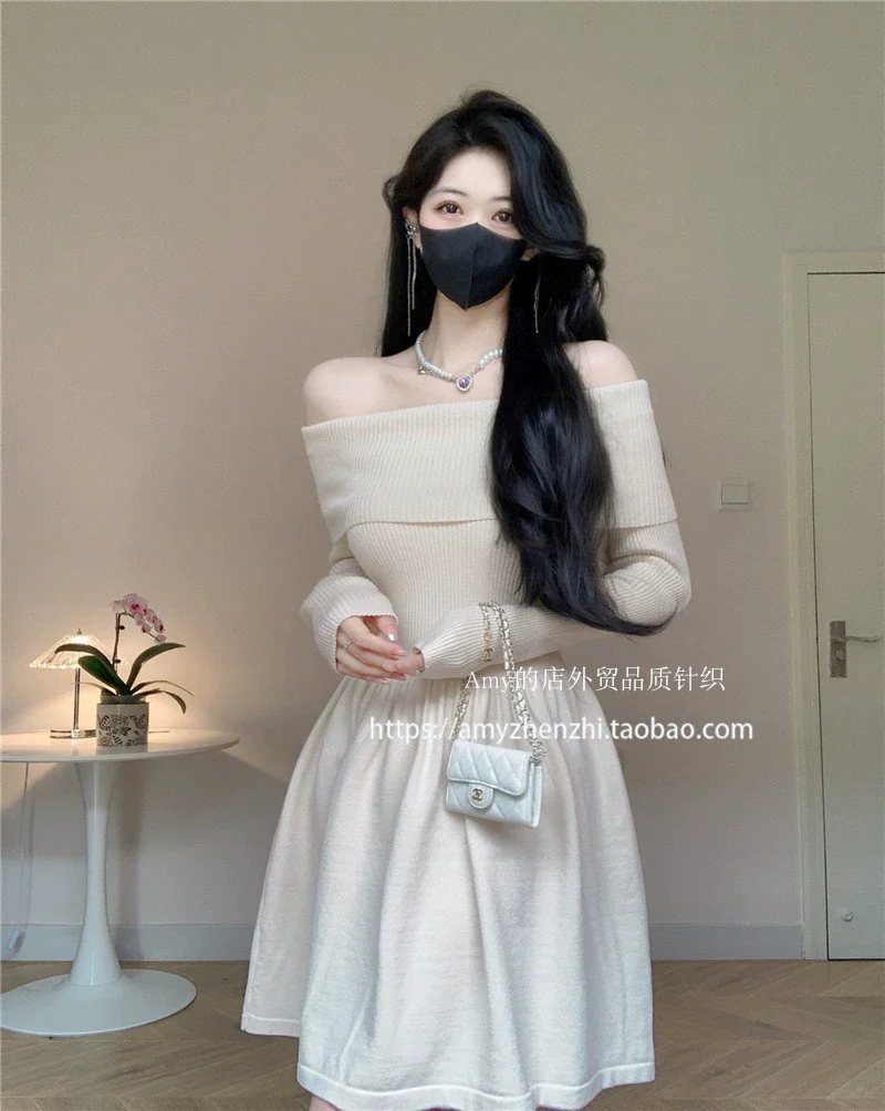 Amy's Shop Foreign Trade Quality Knitted Autumn and Winter Slim fit off-Shoulder off-Shoulder Sexy Knit sweater A- line Skirt Short dress Women - Image 7