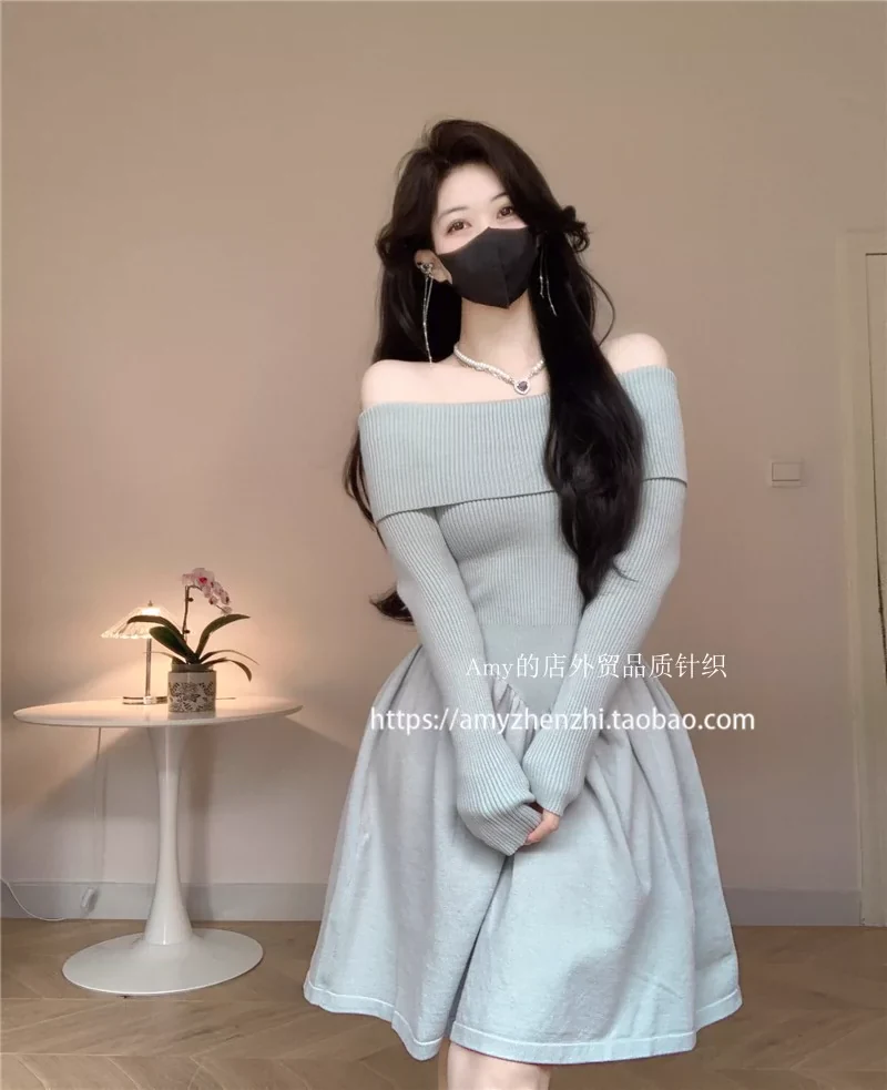 Amy's Shop Foreign Trade Quality Knitted Autumn and Winter Slim fit off-Shoulder off-Shoulder Sexy Knit sweater A- line Skirt Short dress Women - Image 8