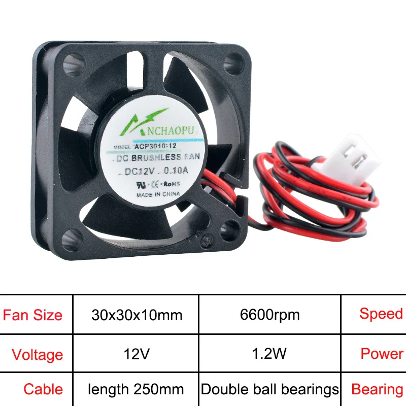 ANCHAOPU ACP3010 3cm 30mm fan 30x30x10mm DC5V/12V/24V 2pin Micro axial flow fan cooling fan for power printers - Image 9