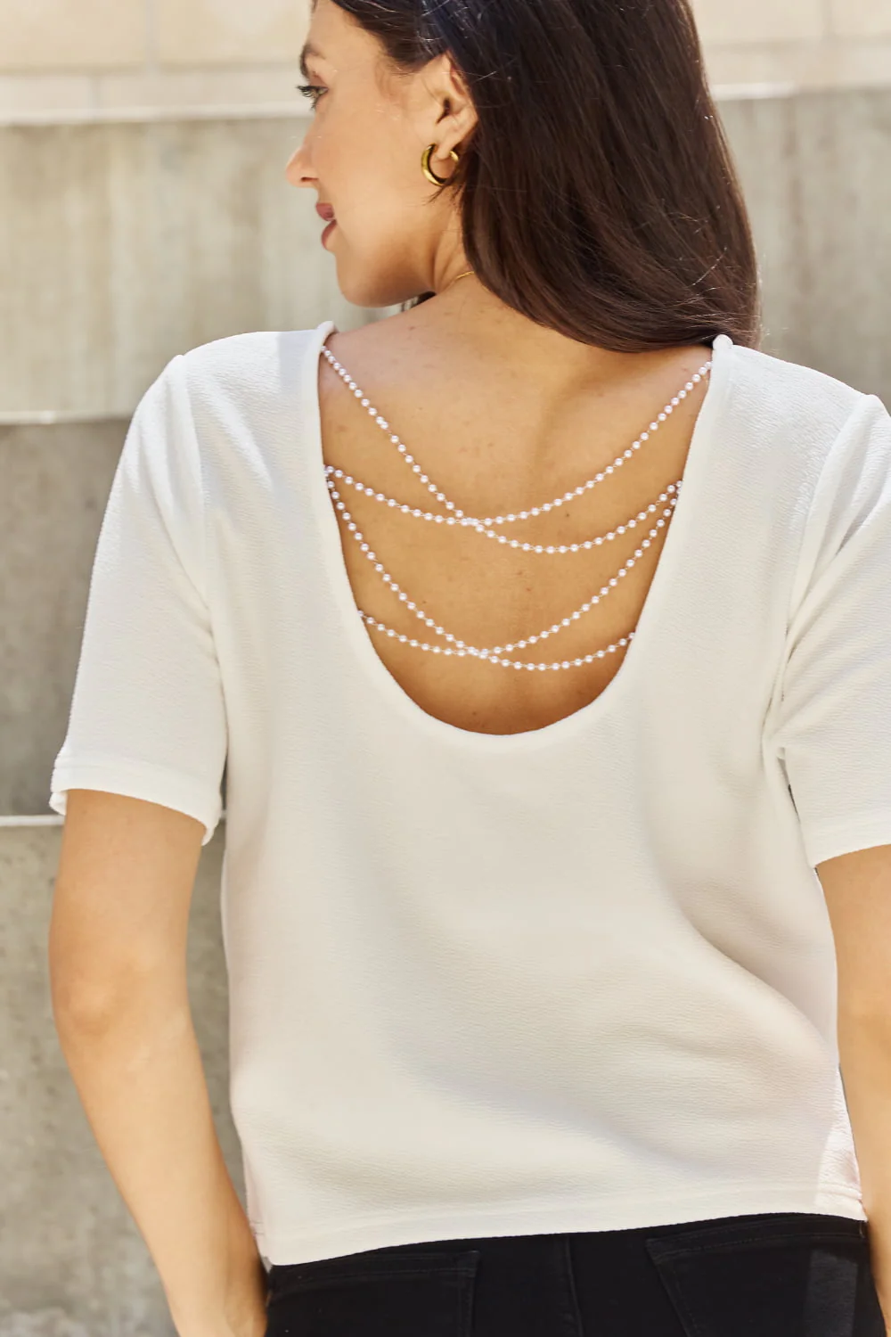 And The Why Pearly White Full Size Criss Cross Pearl Detail Open Back T-Shirt - Image 6
