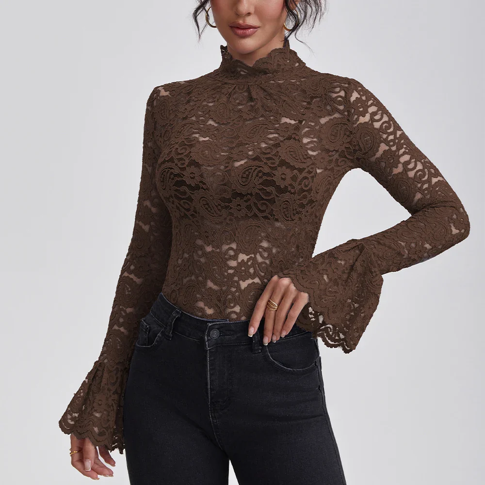 Anfilia Women Lace Shirts Turtle Neck Elegant Flare Long Sleeves Hollow Out Slim-fit Crochet Sexy Blouse - Image 3