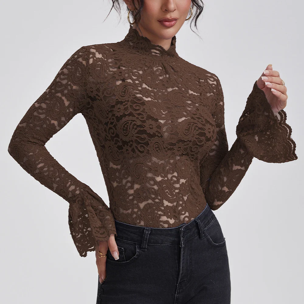 Anfilia Women Lace Shirts Turtle Neck Elegant Flare Long Sleeves Hollow Out Slim-fit Crochet Sexy Blouse - Image 4