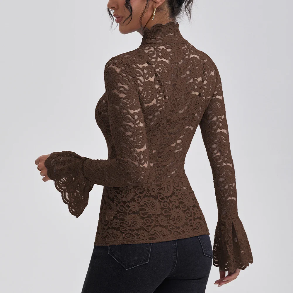Anfilia Women Lace Shirts Turtle Neck Elegant Flare Long Sleeves Hollow Out Slim-fit Crochet Sexy Blouse - Image 5