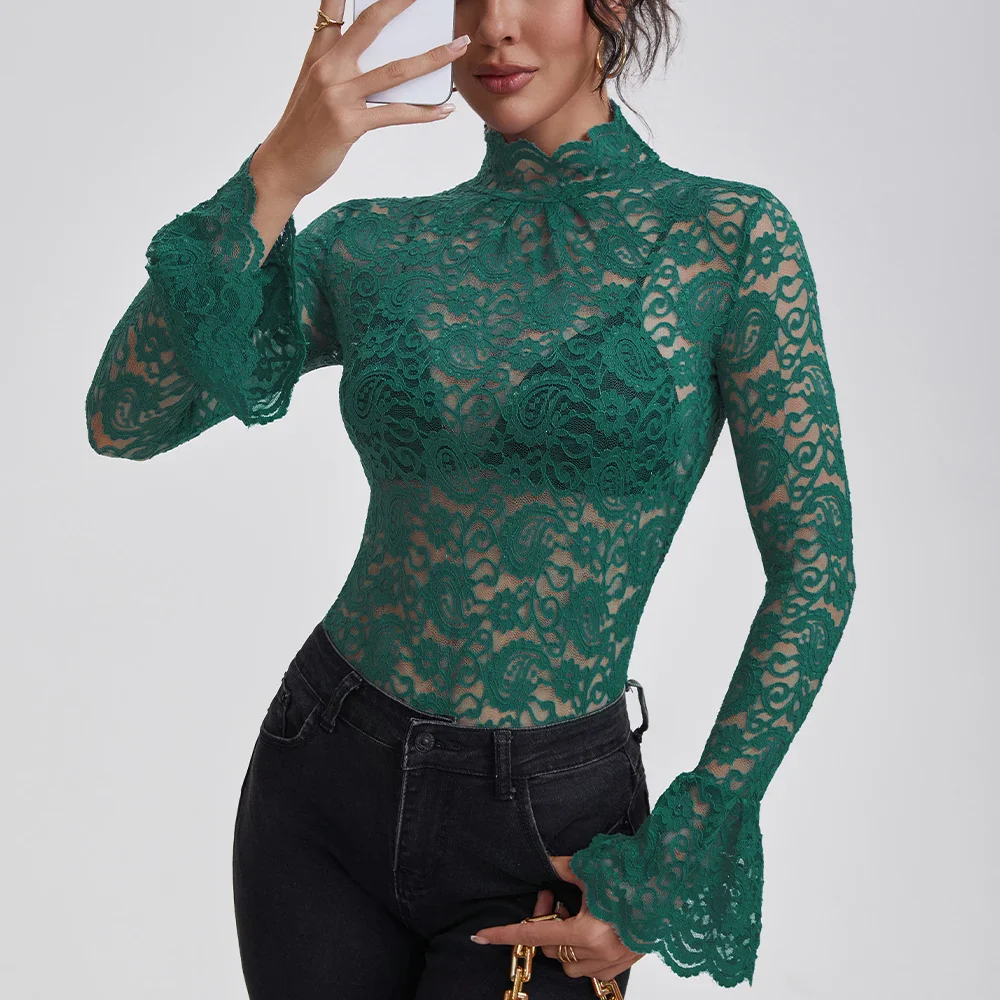 Anfilia Women Lace Shirts Turtle Neck Elegant Flare Long Sleeves Hollow Out Slim-fit Crochet Sexy Blouse - Image 7