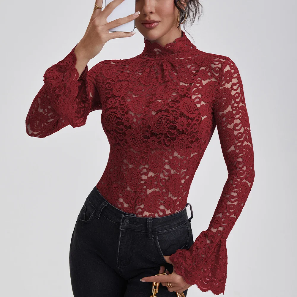 Anfilia Women Lace Shirts Turtle Neck Elegant Flare Long Sleeves Hollow Out Slim-fit Crochet Sexy Blouse - Image 8