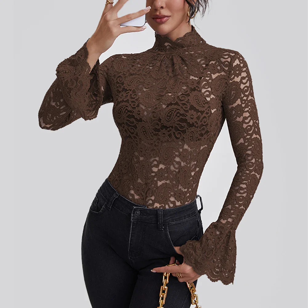 Anfilia Women Lace Shirts Turtle Neck Elegant Flare Long Sleeves Hollow Out Slim-fit Crochet Sexy Blouse - Image 9