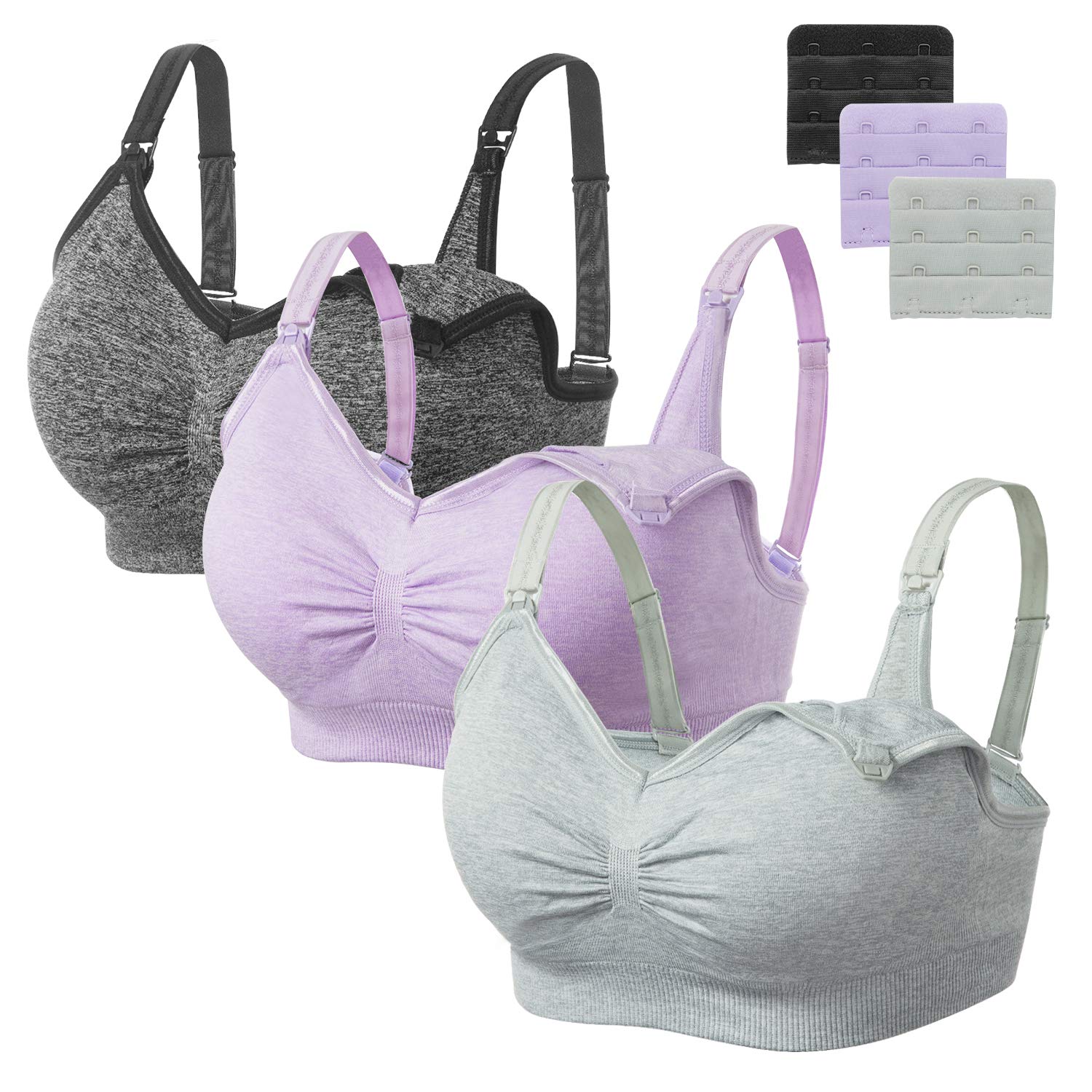 Angelhood Womens Seamless Sleep Nursing Bra,Breastfeeding Maternity Bra with Remove Bra Pads Extenders Pack of 3