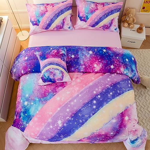 ANGIYUIN 6 Pcs Tie Dye Pink Twin Comforter Set for Girls, 3D Rainbow Galaxy Gradient Themed Bed in A Bag, Pastle Nebula Kids Bedding Set with Sheets, Comforter and Pillowcases for All Season - Image 7