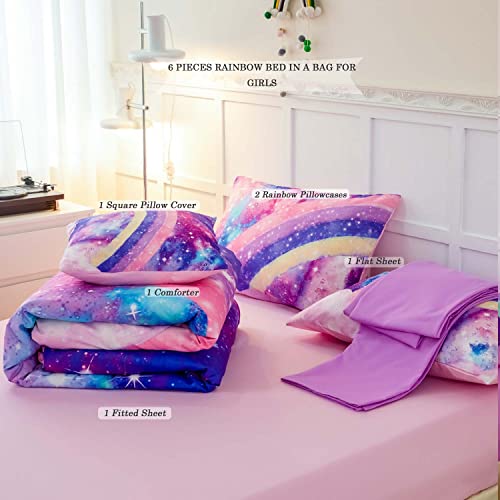 ANGIYUIN 6 Pcs Tie Dye Pink Twin Comforter Set for Girls, 3D Rainbow Galaxy Gradient Themed Bed in A Bag, Pastle Nebula Kids Bedding Set with Sheets, Comforter and Pillowcases for All Season - Image 9