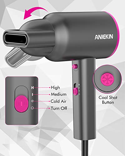 ANIEKIN Hair Dryer with Diffuser, 1875W Ionic Blow Dryer, Professional Portable Hair Dryers & Accessories for Women Curly Hair, Grey - Image 2
