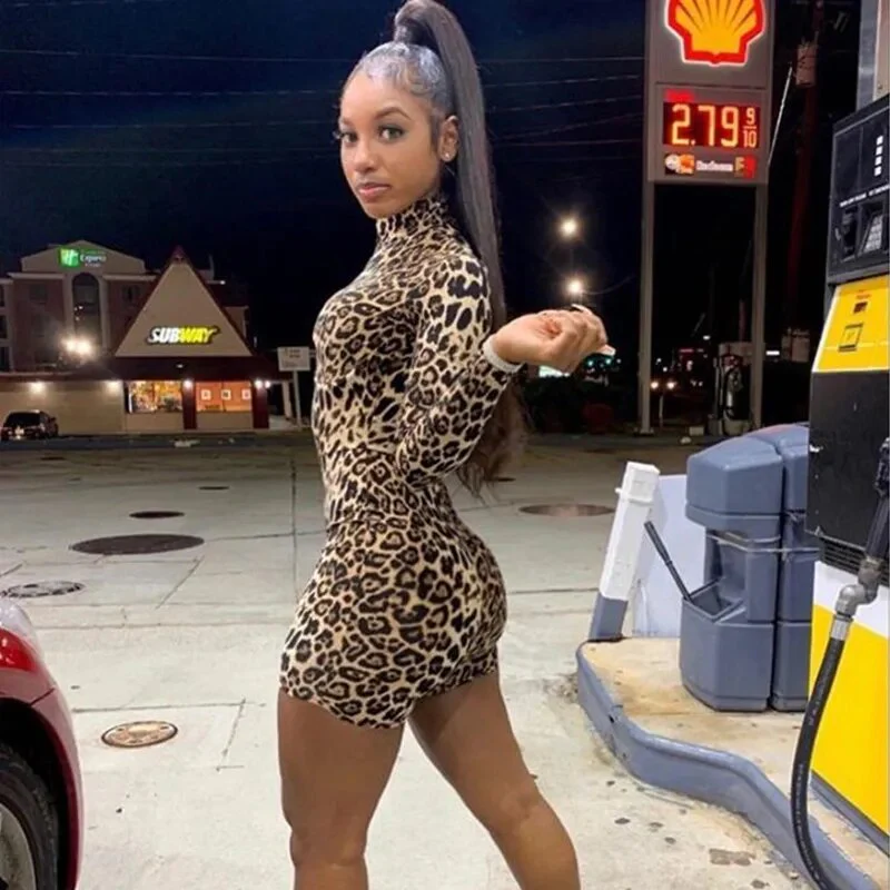 ANJAMANOR Cheetah Print Sexy Rompers Playsuit Fall Clothes for Women Clubwear High Neck Long Sleeve Bodycon Jumpsuit D70-BD18 - Image 3
