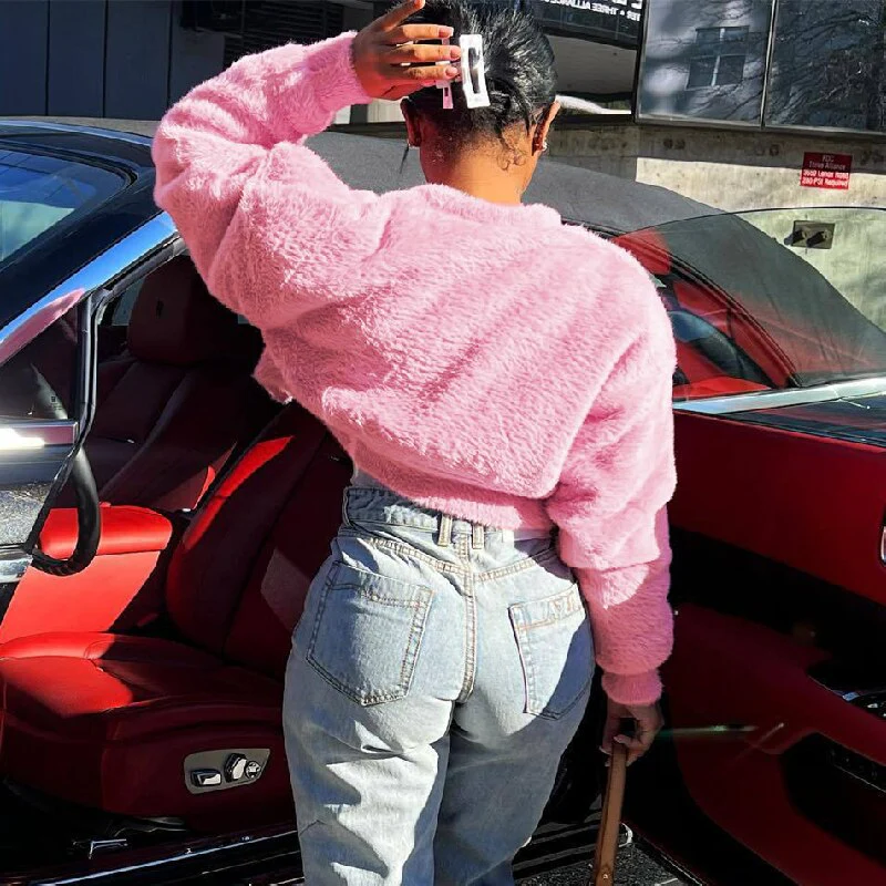 Sexy Faux Fur Furry Coats Warm Winter Fashion Streetwear Pink Fuzzy Cropped Jacket - Image 6