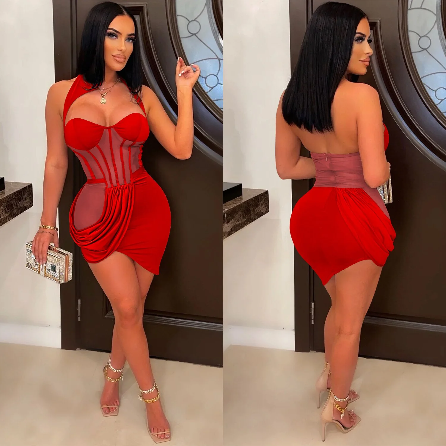 Sexy Nude Mesh Insert Caged Mini Dress Sexy Party Night Club Outfits - Image 6
