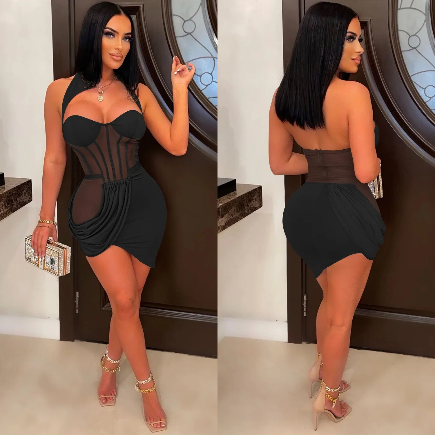 Sexy Nude Mesh Insert Caged Mini Dress Sexy Party Night Club Outfits - Image 8