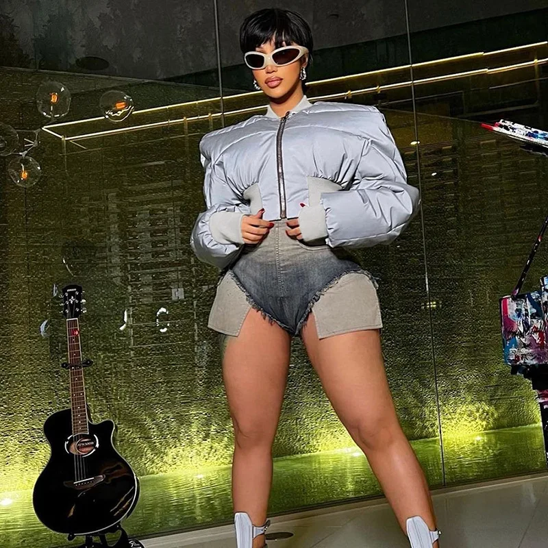 ANJAMANOR Reflective Puffer Jackets Women Winter Coats 2023 Fashion Streetwear Grey Black Bubble Coat Woman Outerwear D48-FE50 - Image 4