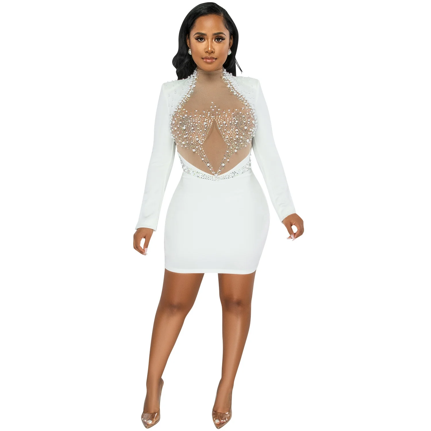Sexy Rhinestone Pearl Mesh Glam Dresses Sexy Evening Party Wear Women Clothing - Image 2
