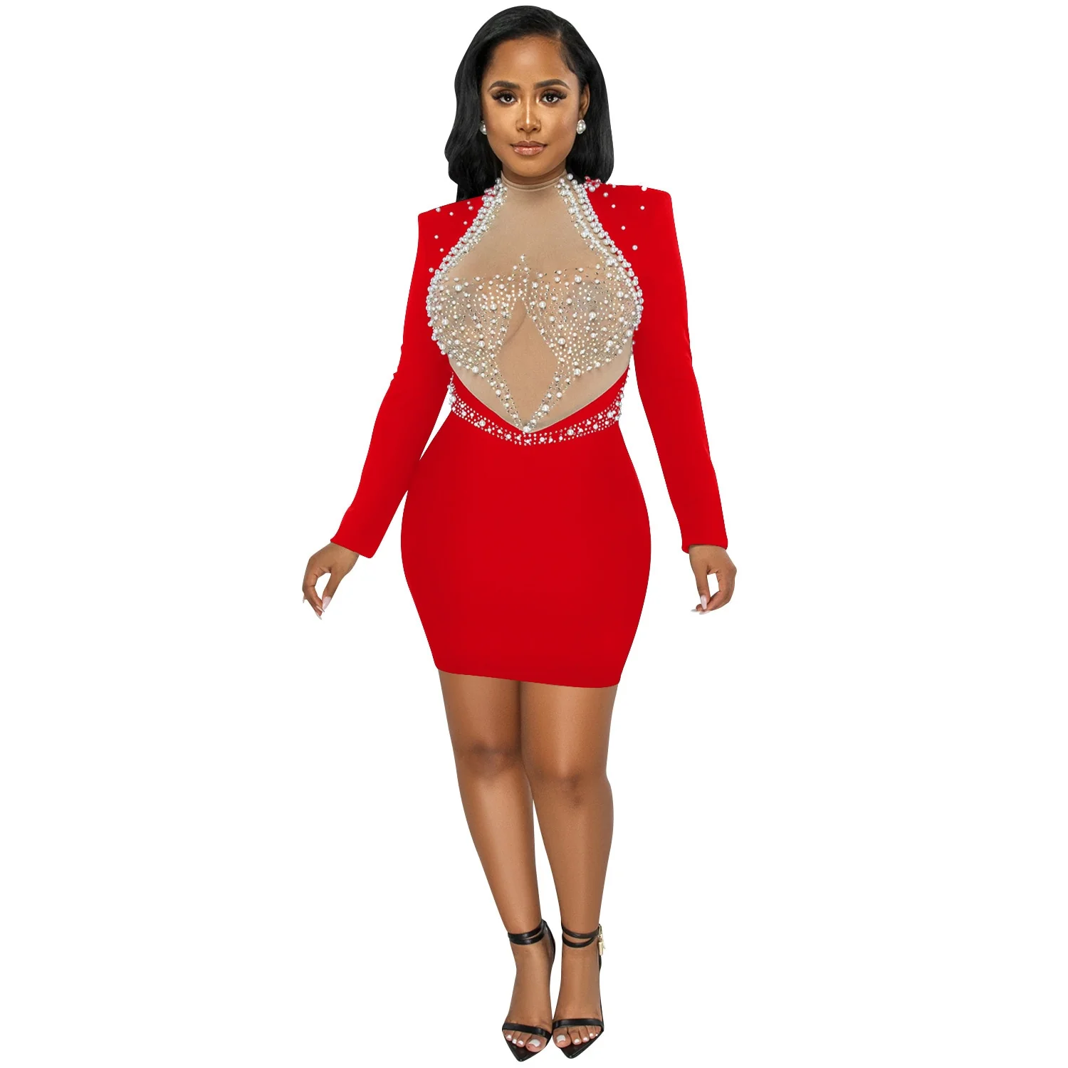 Sexy Rhinestone Pearl Mesh Glam Dresses Sexy Evening Party Wear Women Clothing - Image 3