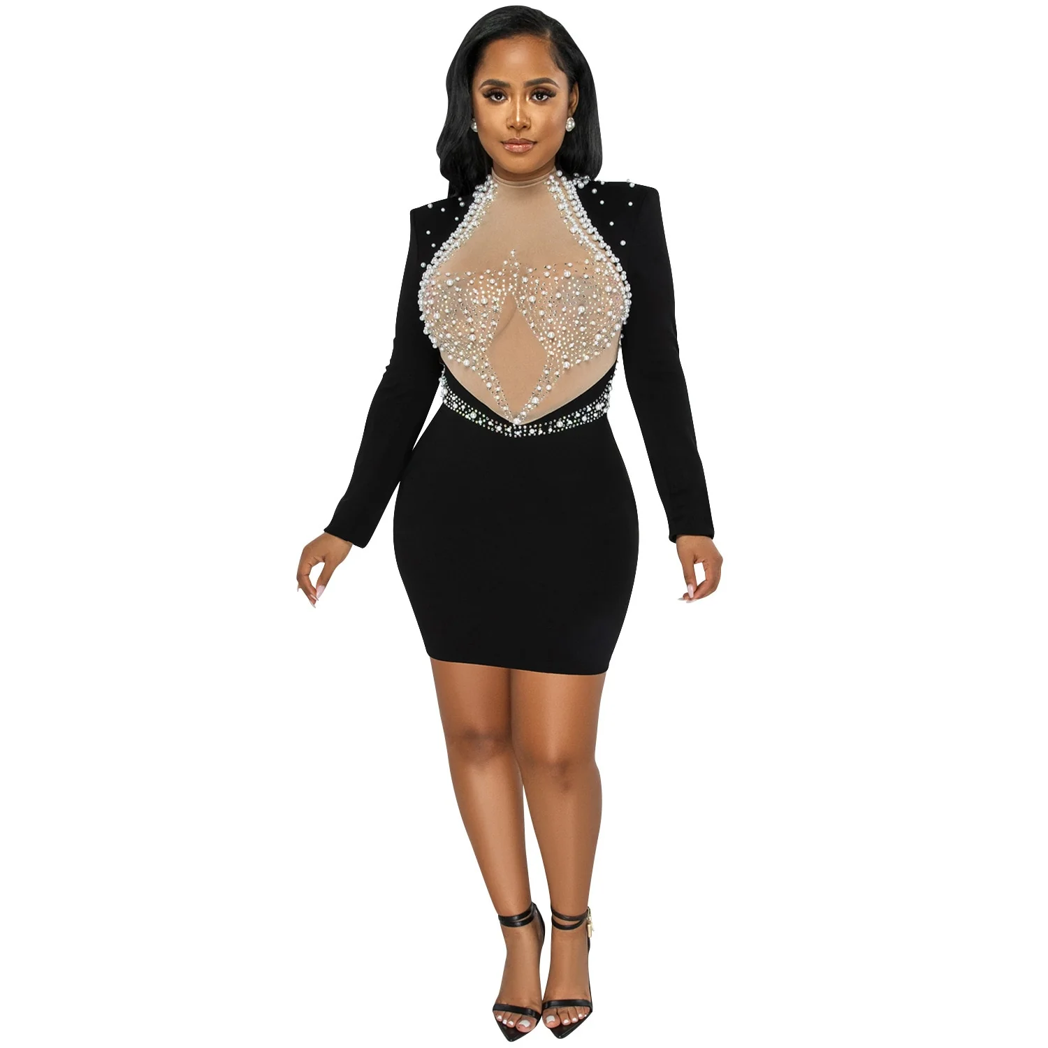 Sexy Rhinestone Pearl Mesh Glam Dresses Sexy Evening Party Wear Women Clothing - Image 4