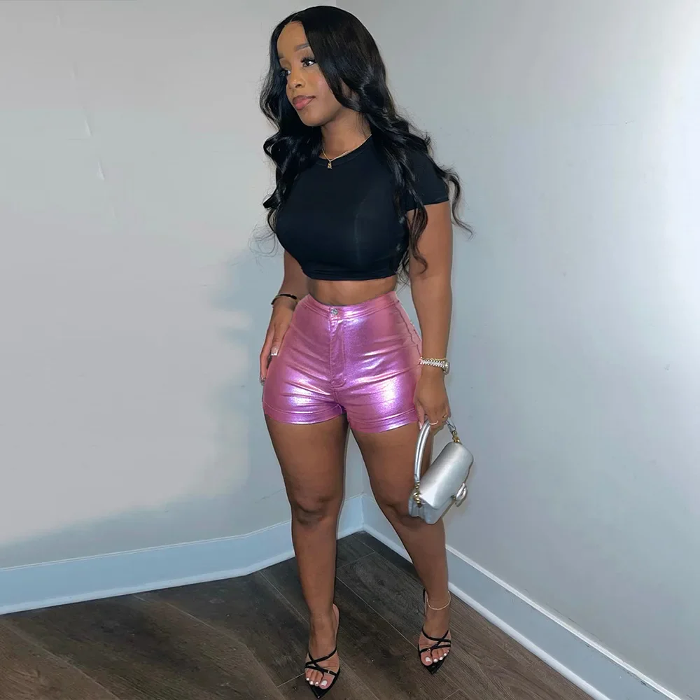 ANJAMANOR Sexy Hot Pink Metallic PU Leather Shorts Streetwear Fashion Clothes High Waist Shorts for Women Free Shipping D82-CD13 - Image 5