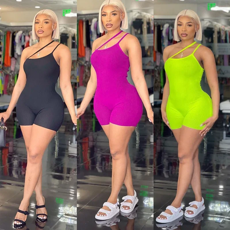 ANJAMANOR Solid Rib Knit One Shoulder Strap Sexy Jumpsuit Womens Summer Clothing Fitness Sports Short Rompers Wholesale D70-AI15 - Image 5